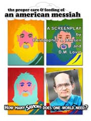 Proper Care & Feeding of an American Messiah Book cover featuring colorful portraits of Jesus and a man who thinks he's a messiah
