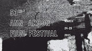 Abstract black and white image with Ann Arbor Film Festival text logo overlaying it