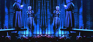Mirrored image of a witch being burned at the stake in a cage