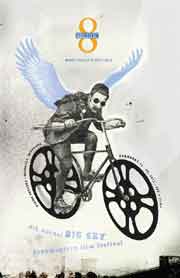Film festival poster featuring a man with wings riding a bike with movie reels for wheels