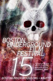 Poster for 15th annual Boston Underground Film Festival featuring a sparkly bunny skull