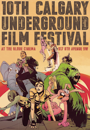 Colorful cartoon characters burst from the ground in the Calgary Underground Film Festival poster
