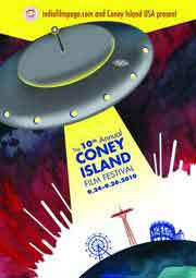 Film festival poster featuring a UFO blasting Coney Island