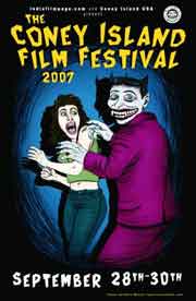 Coney Island Film Festival poster featuring a drawing of a man caught molesting a woman