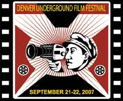 Denver Underground Film Festival poster with drawing of man with 8mm film camera