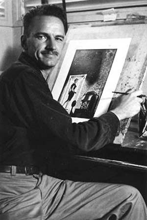 Portrait of filmmaker and illustrator Ed Emswiller at a drawing board