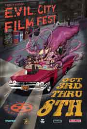 Evil City Film Festival poster featuring freaks driving in a classic car