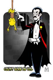 Cartoon drawing of Count Gore De Vol with a rubber chicken in a noose