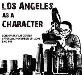 Illustration of a filmmaker looming over the Los Angeles skyline