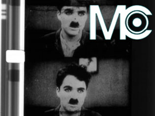Film stills of Charlie Chaplin with Media City logo
