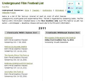 Screenshot of a list of film festivals