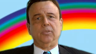 Dr. Zizmor in front of a rainbow