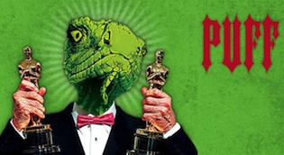 Lizard man holding two Oscar trophies