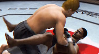 Two MMA video game characters wrestle in a sexual position