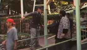 Nazi soldier orders guests off of an amusement park ride