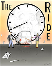 Movie poster featuring two men, a white van and a large clock