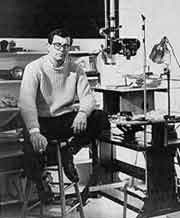 Robert Breer sitting in his animation studio
