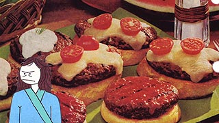 '70s magazine photo of hamburgers served on a tray
