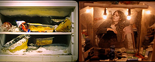 Split screen of food in a freezer and a woman in a crowded apartment