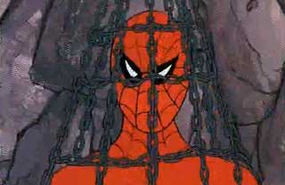 Spider-Man tied up in a cage