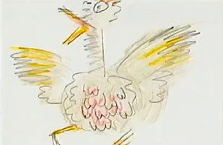 Drawing of a chicken flapping its wings and clucking