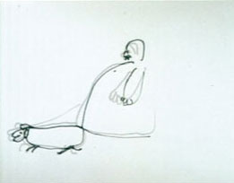 Film still from A Man and His Dog Out for Air featuring a drawing of a fat man walking his dog