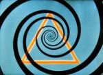 Film still from Mary Ellen Bute's Escape featuring a triangle amid a spiral background