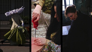 Triple image of a woman with yarn hair dancing, a woman using a screwdriver and a woman thinking