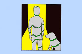 Abstract drawing of a man standing with a dog