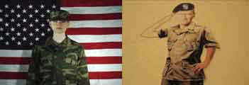 Female soldier in front of American flag and John Wayne