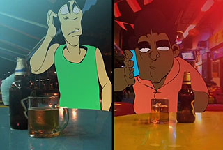 Two animated men talking on their cell phones at a bar